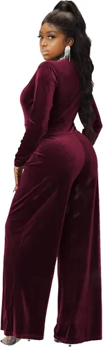 Vista 4 de LightlyKiss Women Casual Sexy V Neck Sparkly Jumpsuits Long Sleeve Onesie Loose Pants Party Clubwear with Belt