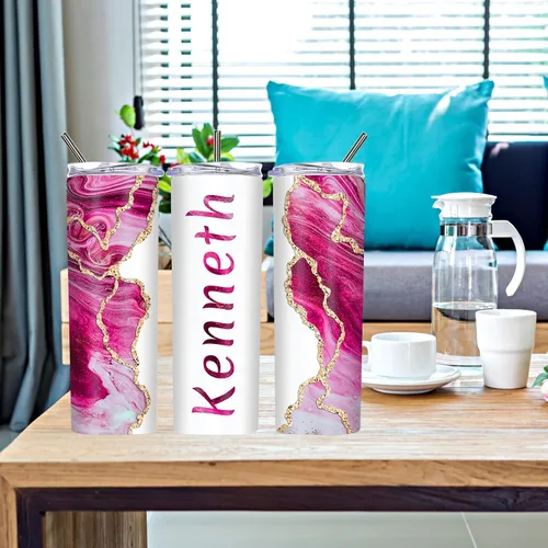 Vista 6 de Vasos delgados personalizados con tapas y pajitas de 20 onzas, diseño de mármol personalizado, vasos de acero inoxidable delgados con nombre