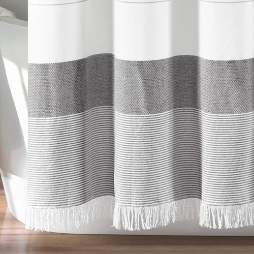Vista 6 de Lush Decor Cortina de ducha de algodón tejido blanco con rayas grises y flecos de borlas, accesorios de baño (72 x 72 pulgadas)