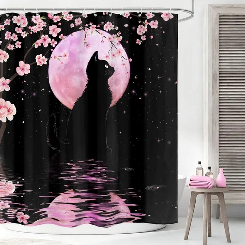 Vista 17 de Cortina de ducha floral gris y rosa de 72x72 pulgadas, flores de cerezo en rosa polvoriento y flores llorosas en primavera, tela impermeable