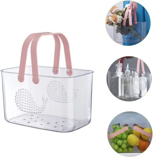 Vista 3 de Cesta de ducha de plástico de gran capacidad, mango fácil de limpiar para organización de baño, pescado rosa