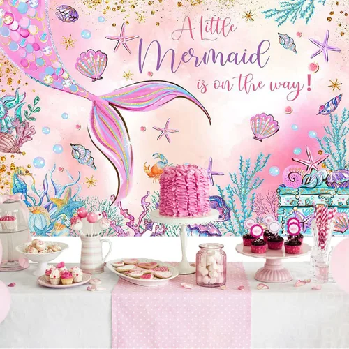 Vista 2 de Mocsicka Telón de fondo de sirena para baby shower, sirena rosa bajo el mar, decoración de fiesta de baby shower para niñas, fondo de fotografía