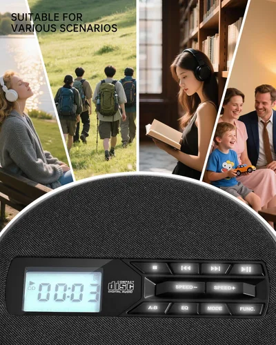Vista 5 de Reproductor de CD portátil con altavoces, reproductor de CD personal recargable para automóvil y hogar, pequeño reproductor de música de tela