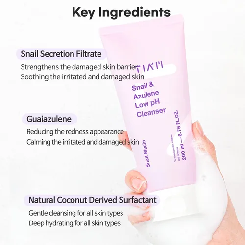 Vista 5 de TIA'M Snail&Azulene Limpiador de pH bajo, 6.76 onzas líquidas, limpiador facial suave diario con mucina de caracol, adecuado para pieles sensibles