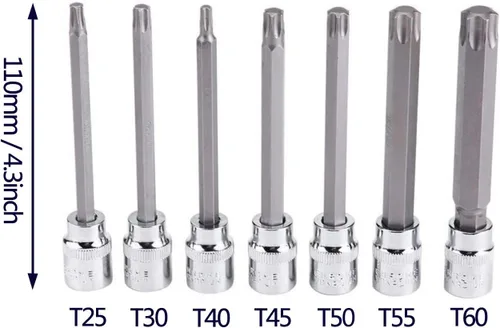 Vista 2 de Juego de llaves de vaso extra largas Torx Star Bit 7 piezas T25-T60 CR-V "3/8" Drive 4.331 in (Torx)