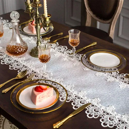 Vista 3 de ARTABLE Mantel rectangular de tela de encaje con borde de macramé, manteles de cocina bordados transparentes para elegantes mesas largas de Blanco