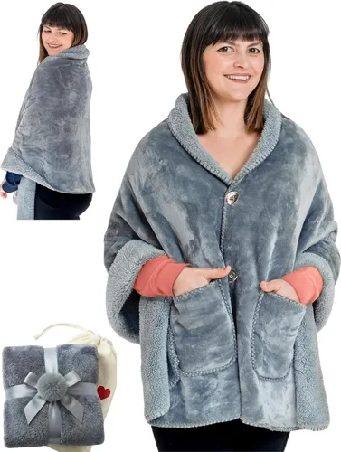 Vista 9 de EzrAllora Manta Poncho de Doble Capa Premium para Mujeres -Ponte y Listo Sin Mangas- Chal de Vellón Sherpa con Bolsillos - Manta Vestible - Regalos