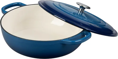 Vista 4 de EDGING CASTING - Horno holandés de hierro fundido esmaltado con asa doble, cacerola poco profunda con tapa, 3.8 cuartos de galón, azul (Lake Blue)