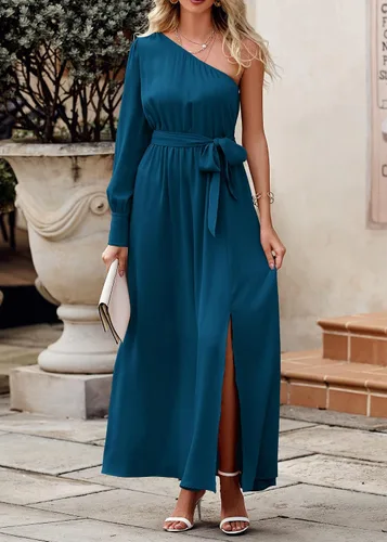 Vista 2 de KIRUNDO Vestido largo de satén de manga larga con un hombro para mujer, asimétrico, con lazo en la cintura, abertura en la cintura, para fiesta