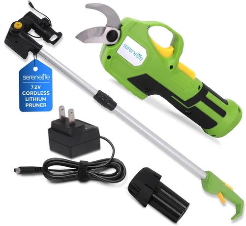 Vista 8 de SereneLife Tijera de podar eléctrica inalámbrica, batería de litio de 7.2 V, mango telescópico, capacidad de corte de 3/4 pulgadas, interruptor