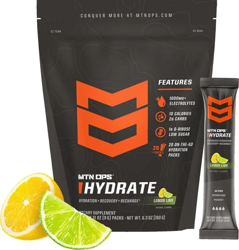Vista 13 de MTN OPS Hydrate Electrolytes - Mezcla de bebida en polvo, 20 paquetes de electrolitos individuales para llevar con más de 1000 mg de electrolitos