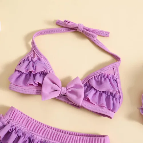 Vista 4 de Yccutest Traje de baño de flores para bebé, 3 piezas, parte superior triangular, parte inferior con volantes, sombrero para el sol, conjunto