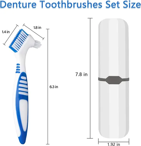 Vista 2 de Cepillo de dentadura postiza, 2 piezas de cepillo de dientes falsos con estuche de transporte blanco, cerdas multicapa naranja y azul con mango