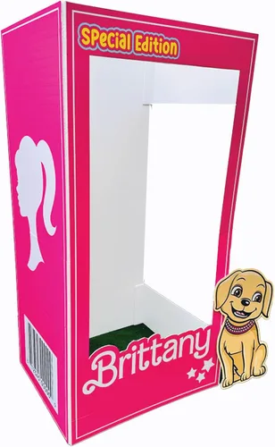 Vista 2 de 4 pies, 5 pies y 6 pies de alto, nombre personalizado, cortinas plateadas incluidas, caja de fotos de muñeca, muñeca rosa popular, fiesta