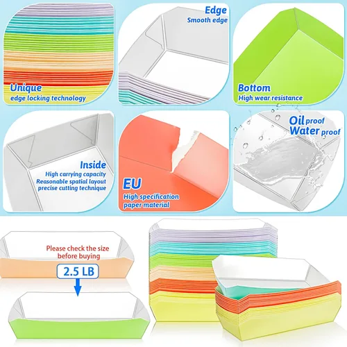 Vista 3 de Bandejas de papel desechables de 7 pulgadas, 2.5 libras, recipientes de papel desechable para perros calientes, bandeja colorida de papel kraft