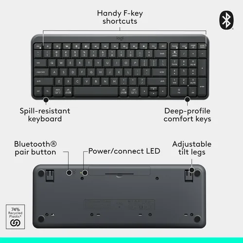 Vista 7 de Logitech Teclado Bluetooth K250 con teclado numérico, fácil conectividad, teclado inalámbrico compacto fabricado con plástico reciclado, resistente