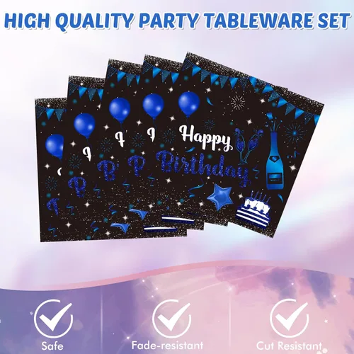Vista 4 de Juego de 41 piezas de vajilla de decoración de fiesta de cumpleaños azul marino y negro, incluye platos, servilletas, mantel para hombres y mujeres