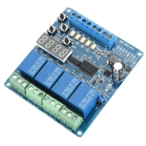 Vista 4 de Módulo de relé de tiempo multifunción, placa de interfaz de relé de tiempo de retardo multifunción de 4 canales 8-36V, módulo de optoacoplado LED
