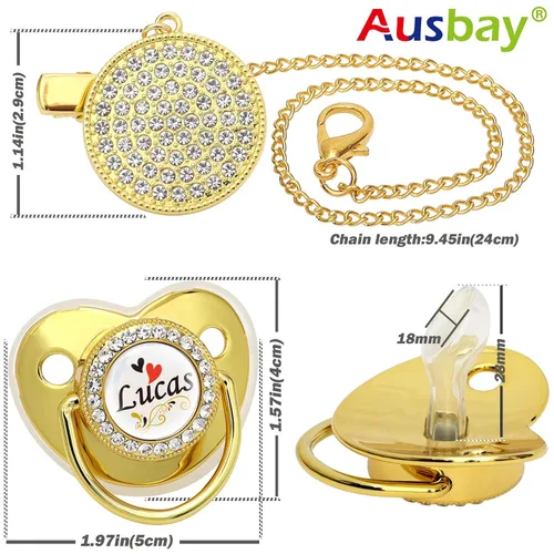 Vista 3 de Juego de chupetes personalizados con nombre, sin BPA, dorado, plateado, rosa, oro rosa, lujoso, regalo ideal para recién nacidos (negro)