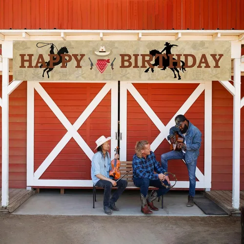 Vista 7 de Labakita Cartel grande de feliz cumpleaños de vaquero occidental, decoraciones de fiesta temática occidental para niños y hombres