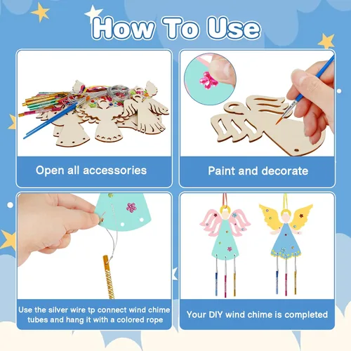 Vista 3 de Fennoral Paquete de 9 carillones de viento de ángel para niños, campanillas de viento de ángel, manualidades de madera para pintar para actividades