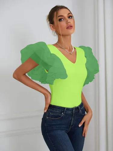 Vista 5 de LYANER Leotardo elástico con cuello en V y mangas de mariposa para mujer