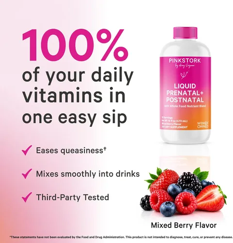 Vista 4 de Pink Stork Vitaminas prenatales líquidas: mezcla orgánica de alimentos integrales + folato + hierro + zinc + vitamina C + saúco + biotina, mejor