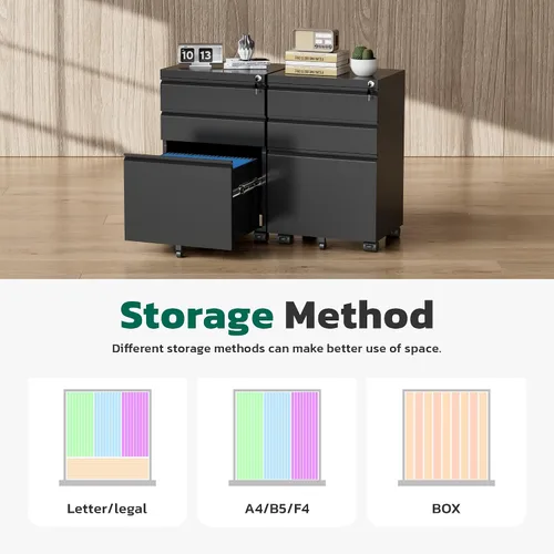 Vista 7 de Greenvelly Archivador móvil de 3 cajones con cerradura, archivador de metal sobre ruedas, archivador debajo del escritorio para organizador de Negro