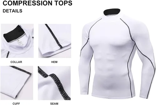 Vista 4 de Paquete de 2 camisetas de compresión de cuello alto alto falso para hombre, camiseta deportiva de manga larga que absorbe la capa base atlética
