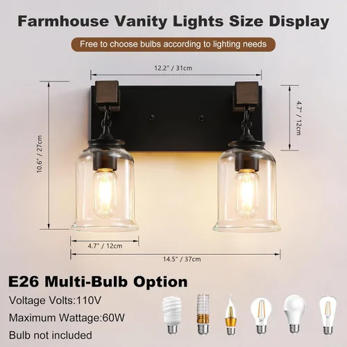 Vista 4 de VbiTmn Accesorios de Iluminación para Baño Estilo Granja, Lámpara de Tocador para Baño de 2 Luces Negro Mate, Estilo Industrial con Pantallas