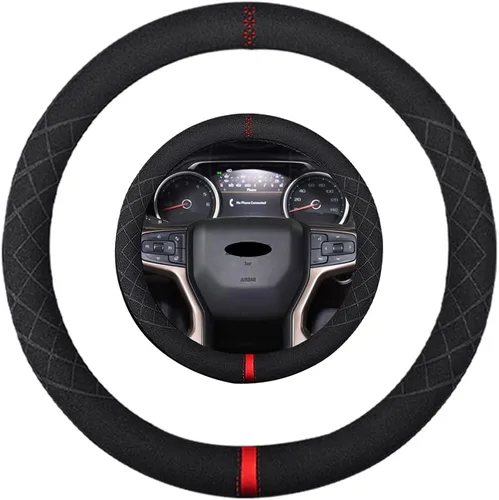 Vista 50 de Funda de volante de gamuza de 14 pulgadas, compatible con Tesla Model 3 Model Y, funda de volante deportiva de cuero gamuza antideslizante