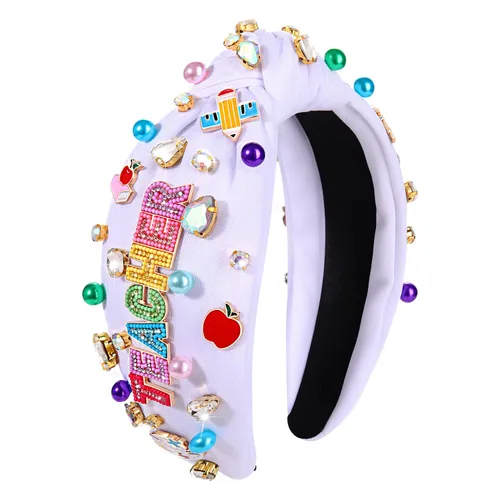 Vista 8 de Diadema para profesora para mujer, diadema anudada con perlas de cristal, trajes de regreso a clases, accesorios, regalos de agradecimiento