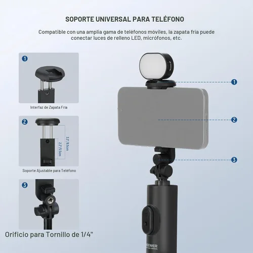 Vista 6 de NEEWER Trípode selfie stick de nivel de entrada con luz y control remoto compatible con iPhone Samsung Android, soporte portátil extensible de 67