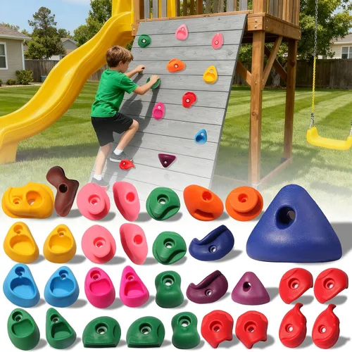 Vista 15 de Juego de 20 soportes de escalada en roca para niños, agarres de pared para escalada en roca, juego de pared para interiores y exteriores, juego