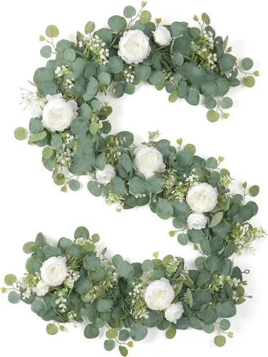 Vista 10 de Guirnalda de flores artificiales de seda de 6 pies con hojas de eucalipto, guirnaldas florales de imitación para boda, arco, puerta, colgar