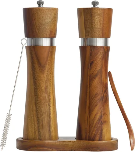 Vista 7 de 2 Pieces Acacia Wood Manual Pepper Grinder and Sea Salt Mill Set Handheld Spice Tool for Kitchen(GStraight Tube)