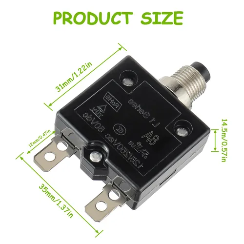 Vista 2 de Disyuntor de botón de reinicio manual 8A, 125/250 V CA, 50 V, CC, protector de sobrecarga térmica con terminales de conexión rápida y tapas de botón