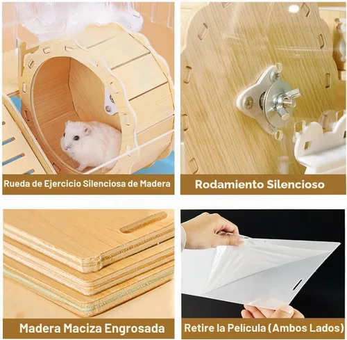 Vista 3 de Cycodo Jaula acrílica 8 en 1, jaula de hámster enano de 2 niveles con rueda y escondite de madera, hábitat de hámster pequeño con accesorios, casa