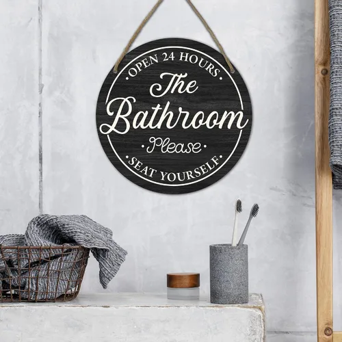Vista 3 de Divertidos letreros decorativos para baño, con texto en inglés «Bathroom Open 24 Hours Please Seat Yourself», letrero colgante de madera rústica