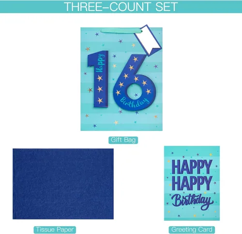 Vista 6 de Loveinside Bolsa de regalo azul de cumpleaños con papel de seda, etiqueta de regalo y tarjeta de felicitación para niños, adolescentes, fiestas
