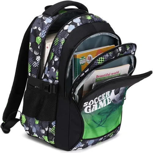 Vista 2 de BYPTNF Mochila para niño, estudiante, niño, impermeable, duradera, elemental, casual, media, verde (E-green), Computadora portátil