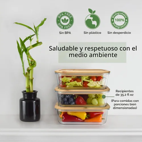 Vista 6 de EcoPreps Recipientes de vidrio para preparar comida con tapas de bambú (paquete de 3) - 100% libres de plástico, contenedores de almuerzo