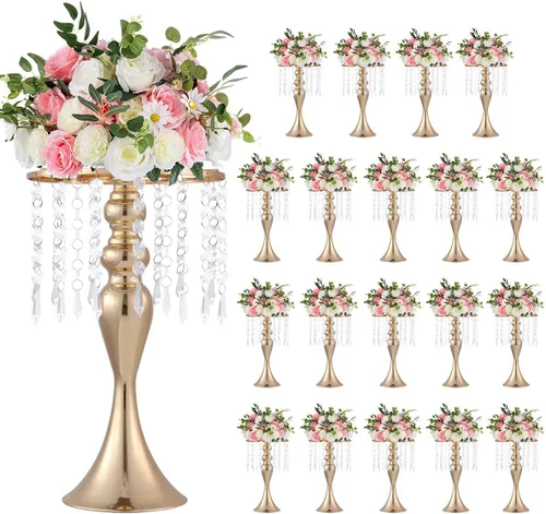 Vista 10 de 8 centros de mesa de fiesta para mesas, soportes de flores de metal con cuentas de cristal, centros de mesa de boda para mesa, jarrones de flores