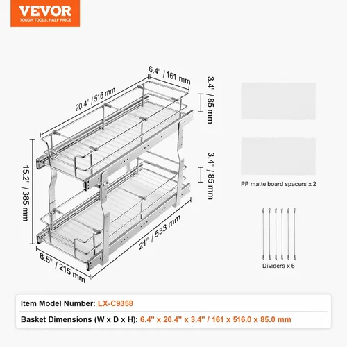 Vista 7 de VEVOR Organizador de Gabinete Extraíble, 7" de Ancho x 21" de Profundidad, Estantes de Despensa Deslizables de Servicio Pesado, Cajones Deslizables