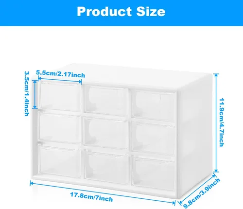 Vista 3 de 2 mini organizadores de cajones de plástico con 9 cajones transparentes, pequeños compartimentos de almacenamiento de escritorio blancos