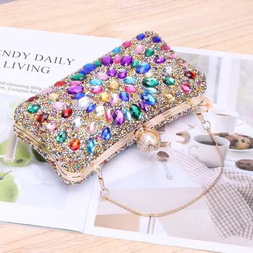 Vista 5 de Lanpet Bolso de noche con diamantes de imitación de cristal multicolor para mujer, bolso de hombro con correa de cadena
