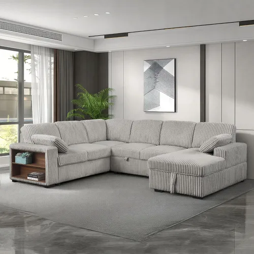 Vista 5 de Sofá cama modular convertible en forma de U de gran tamaño con sofá cama extraíble, sofá esquinero tapizado de pana de 6 plazas, sofá cama con diván
