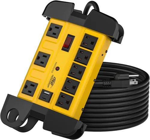 Vista 7 de CRST - Regleta de protección contra sobretensiones resistente de 8 salidas con USB-C, certificación ETL Metal Industrial Power Bar with 15A