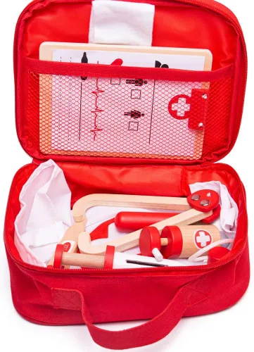 Vista 2 de Bigjigs Toys Juego de médicos para niños, juego de médicos de madera de 10 piezas con estetoscopio para niños, termómetro, medicina y más en estuche