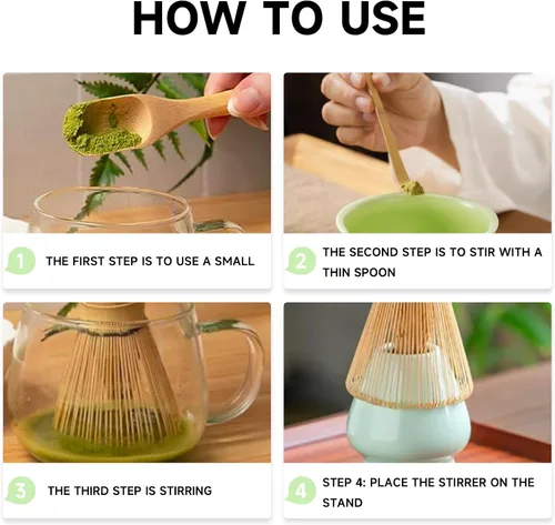Vista 2 de Juego de batidor de matcha, 4 piezas, incluye batidor de bambú, cuchara, cuchara, soporte para batidor matcha. Juego de batidor matcha esencial